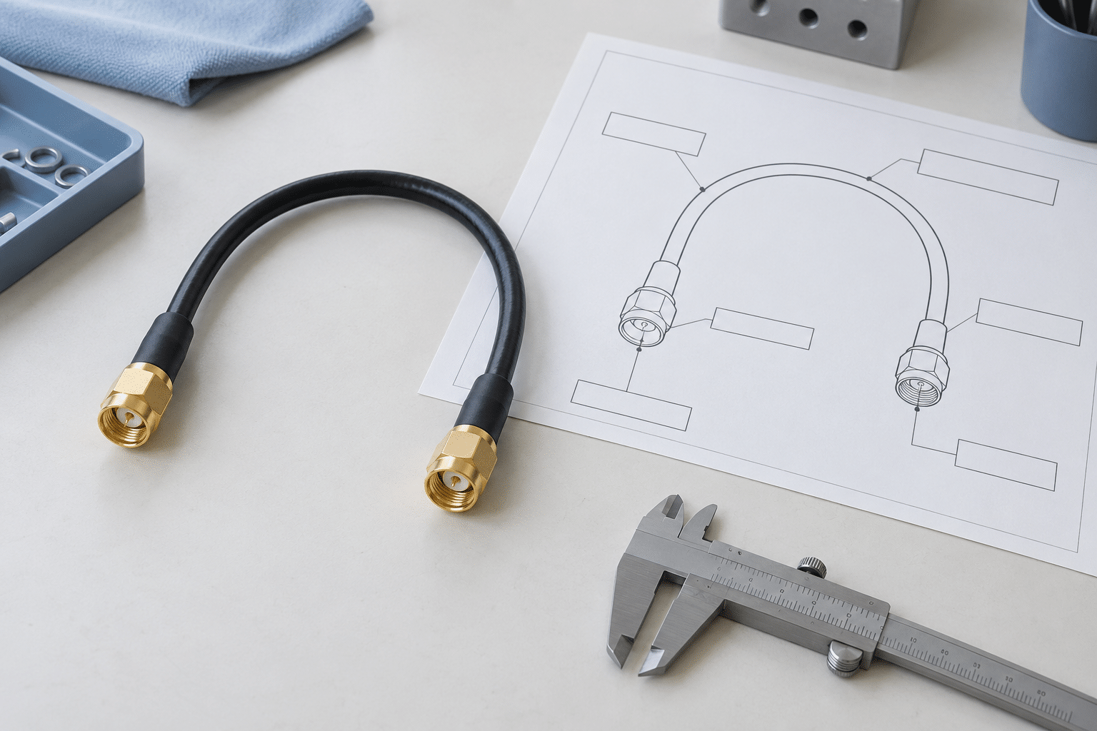 AI illustration of a coaxial assembly beside a routing sketch and caliper for dimensional review
