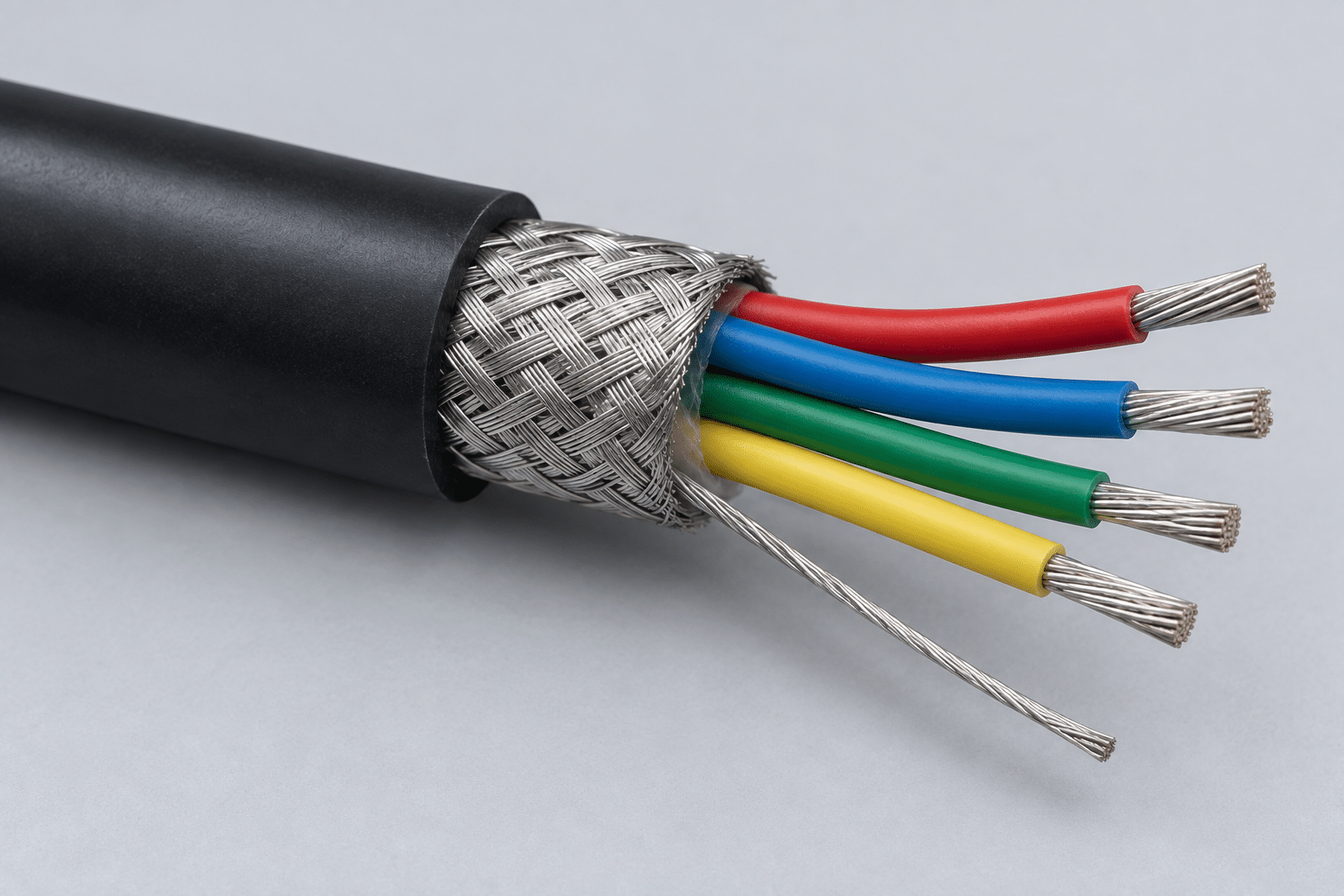 AI illustration of a multicore cable showing a braided shield and individually insulated conductors