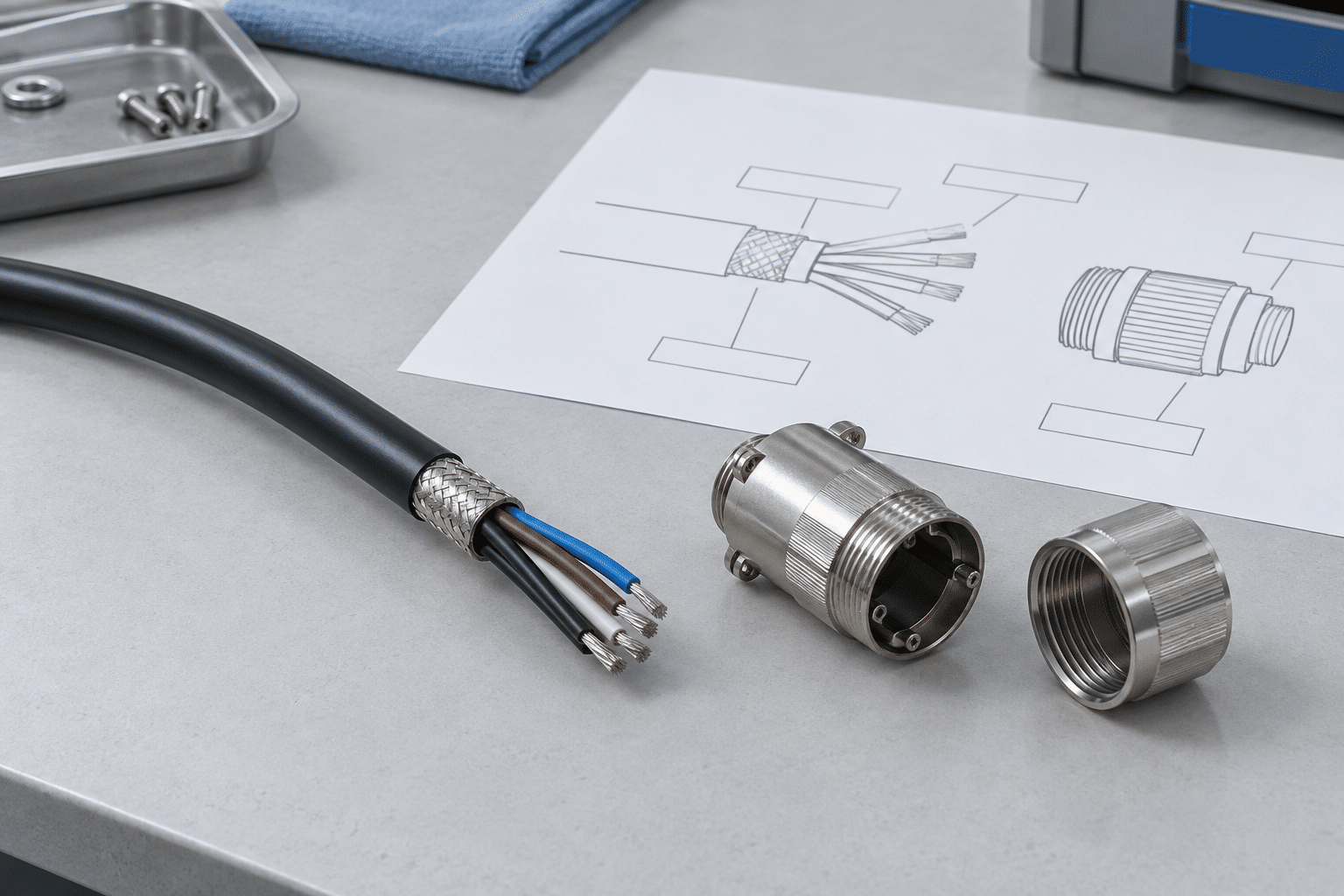 AI illustration of a shielded signal cable and connector backshell beside a drawing-review sheet